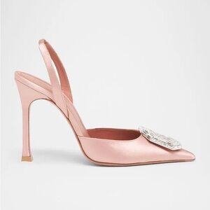 Amina Muaddi Pink Satin Pointed Slingback with Crystal Buckle